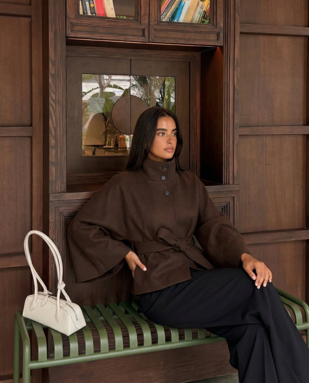 Women's brown belted cape coat with high stand collar and wide sleeves