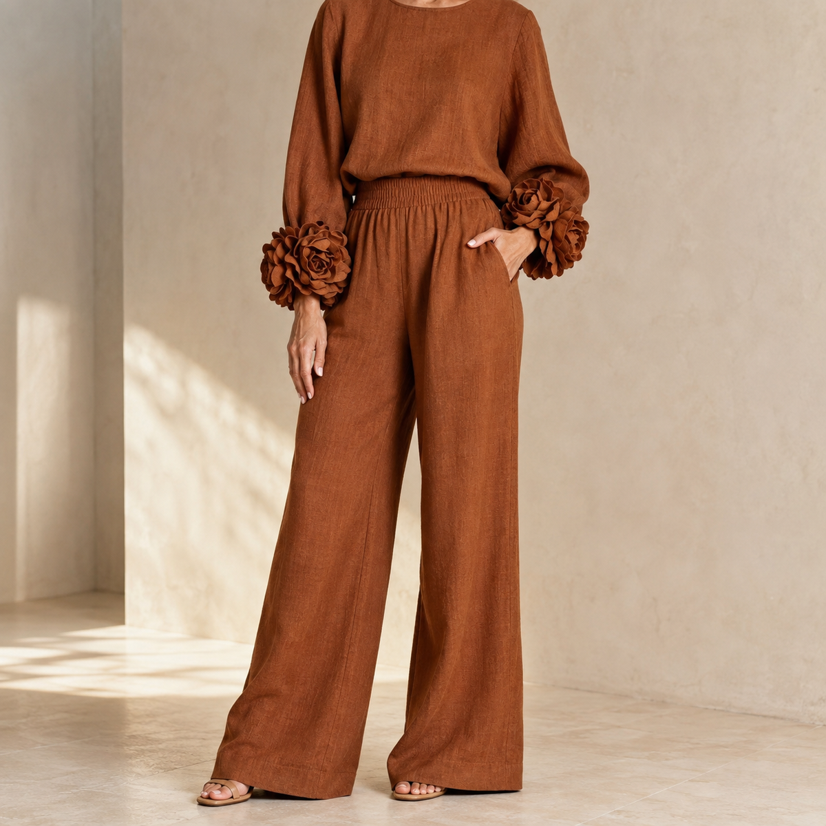 Women's Rosette Cuff Top and Wide-Leg Trouser Set