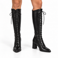 Women's Lace-Up Knee-High Pointed Toe Block Heel Boots