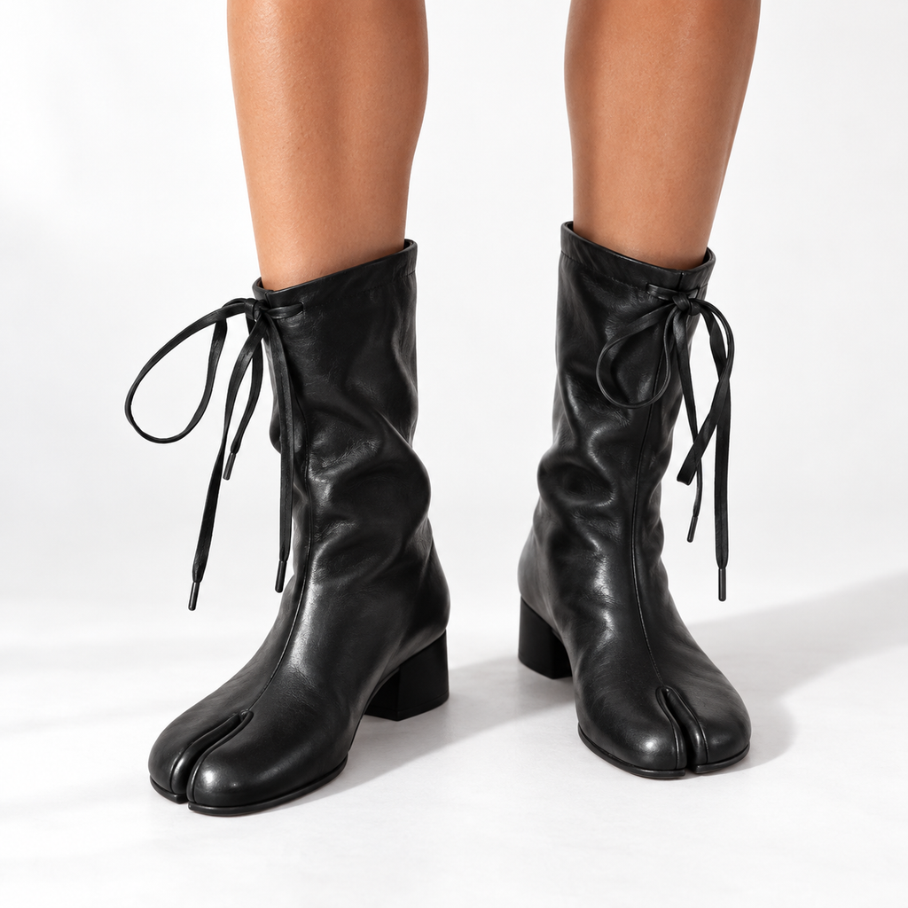 Bottines à talon bloc mi-mollet, bout fendu et manchette à nouer pour femme