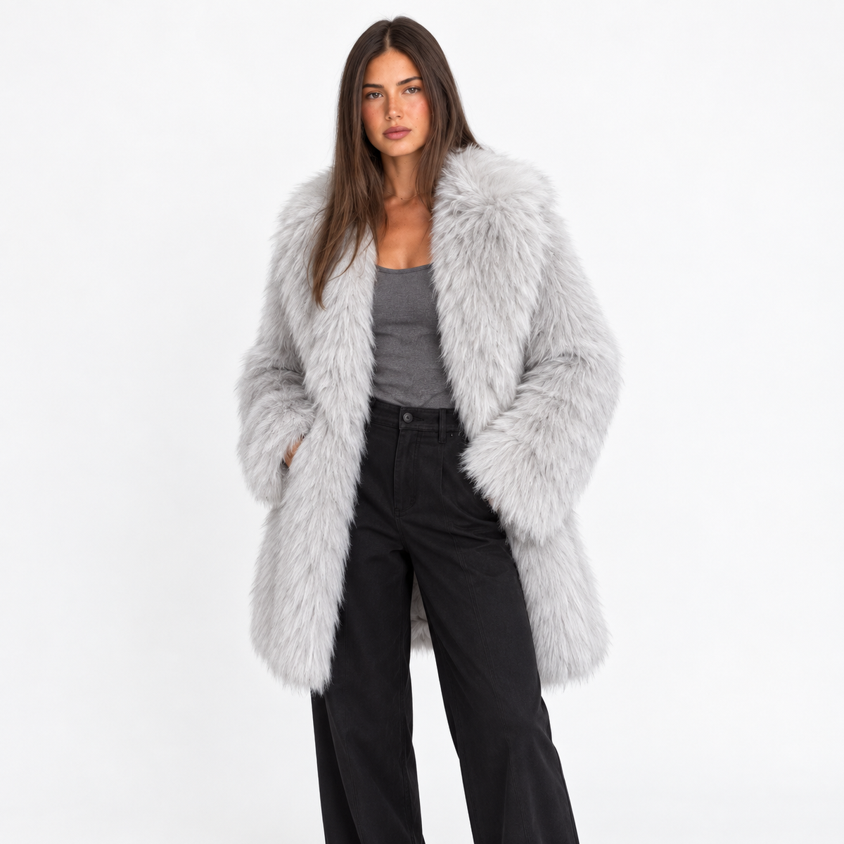 Manteau mi-long en fausse fourrure hirsute à larges revers pour femme