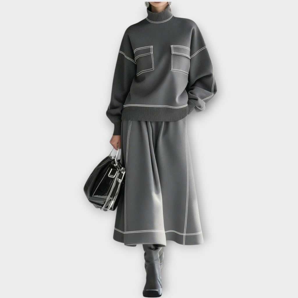 Women's Contrast Stitch Knit Jumper and Midi Skirt Set