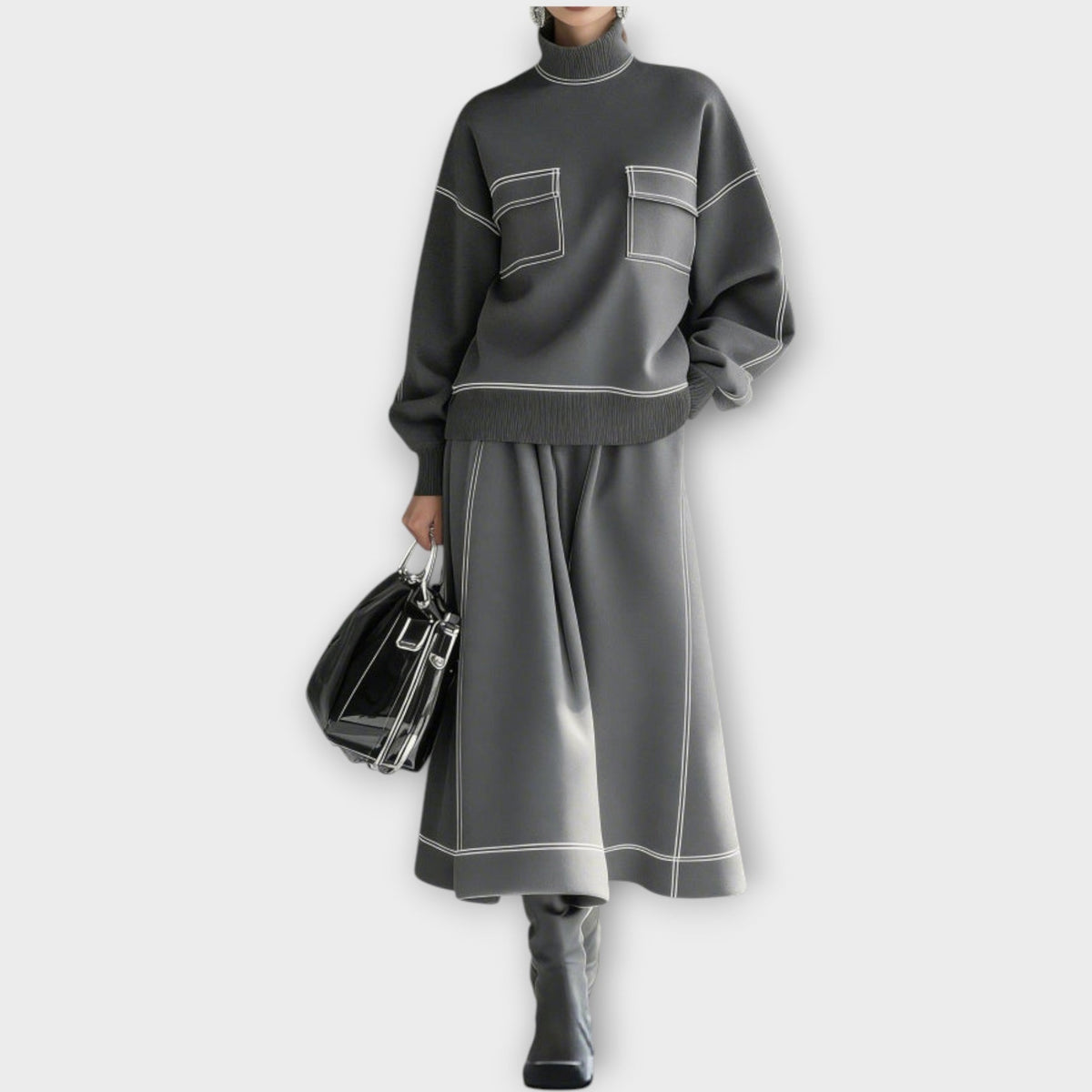 Women's Contrast Stitch Knit Jumper and Midi Skirt Set
