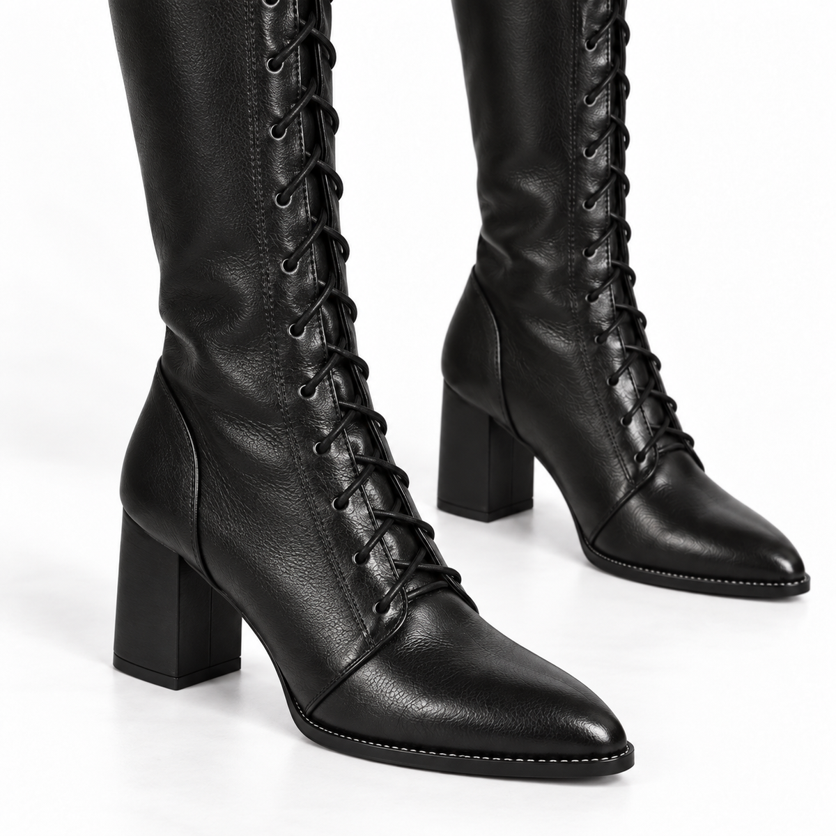 Women's Lace-Up Knee-High Pointed Toe Block Heel Boots