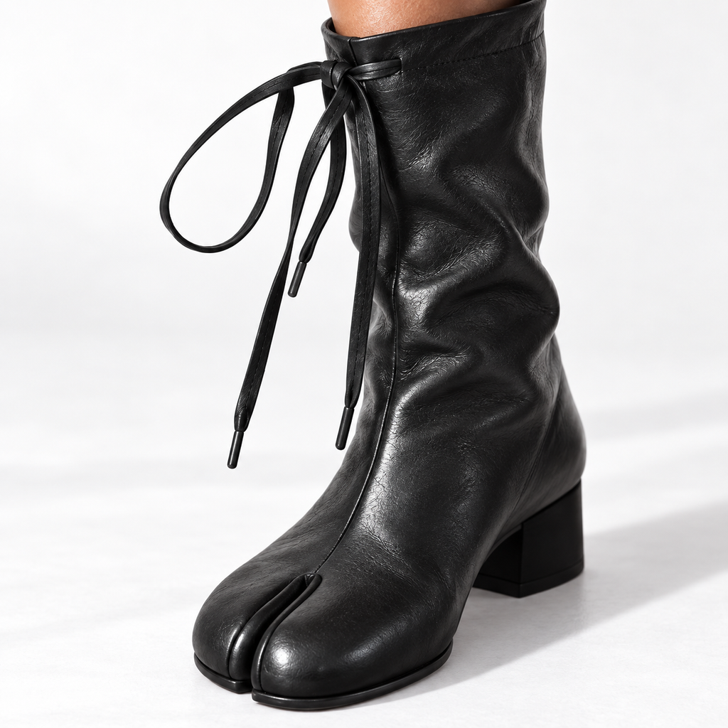 Bottines à talon bloc mi-mollet, bout fendu et manchette à nouer pour femme
