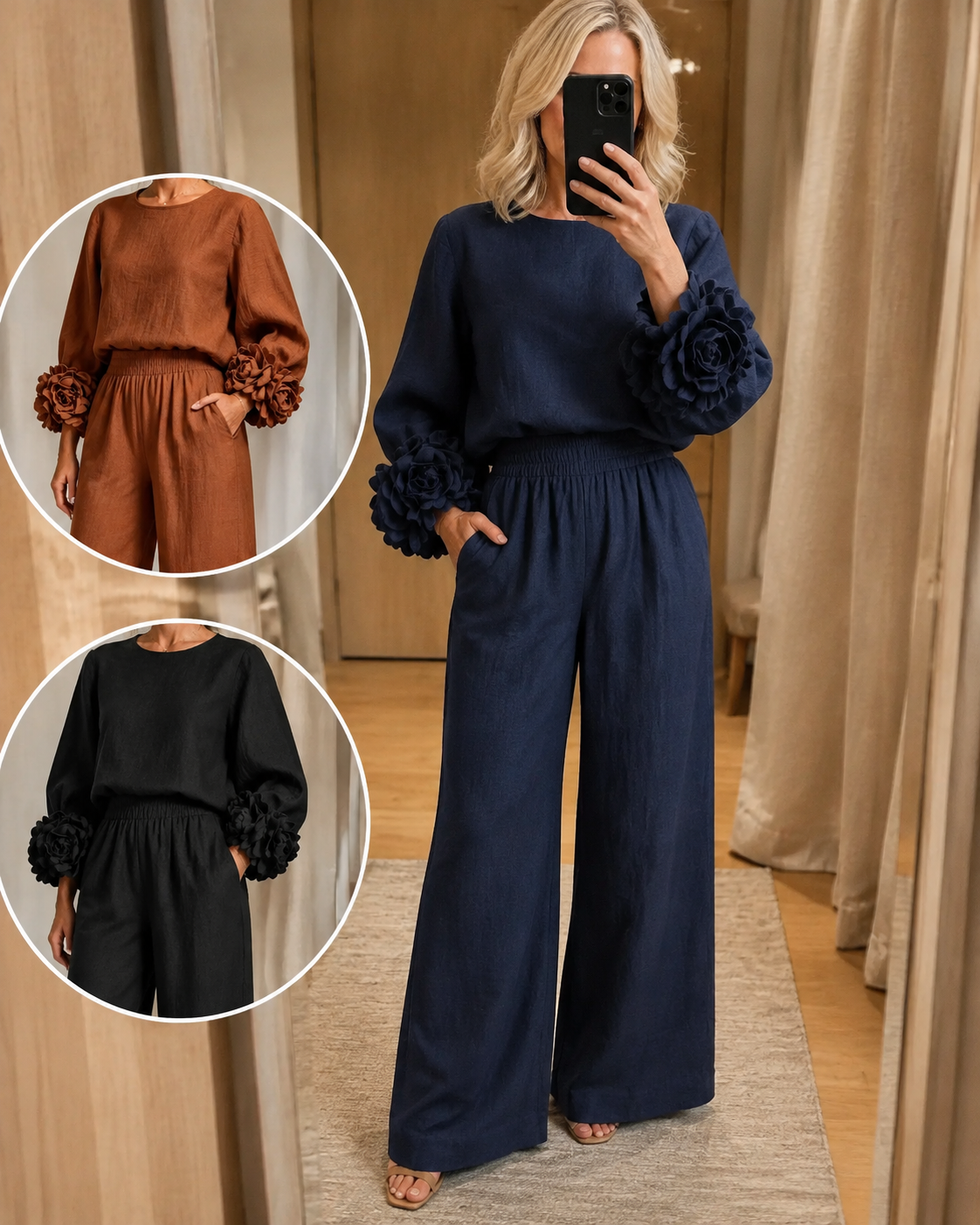 Women's Rosette Cuff Top and Wide-Leg Trouser Set