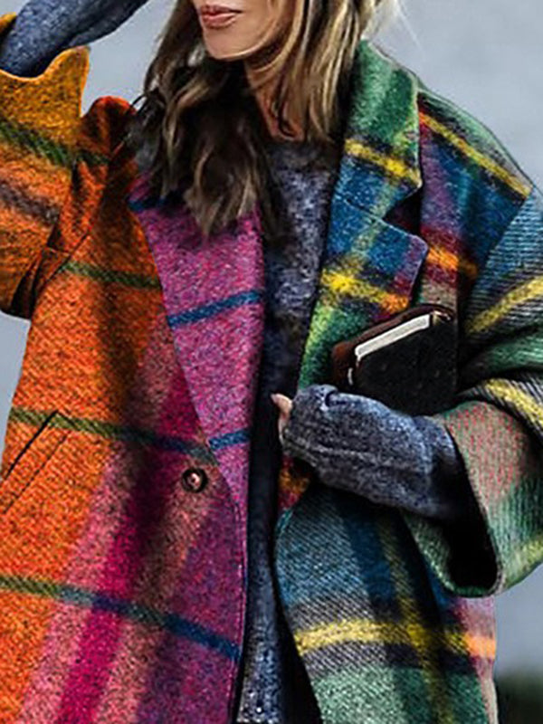 Women's multicolor plaid longline coat with notched lapel and button front