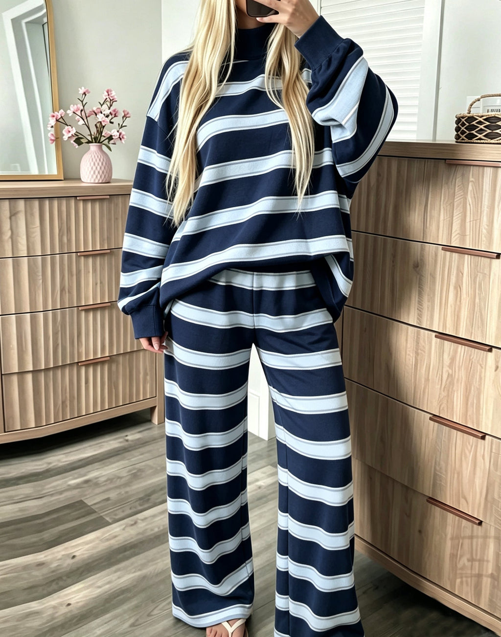 Women's Striped Oversized Sweatshirt and Wide-Leg Trouser Set