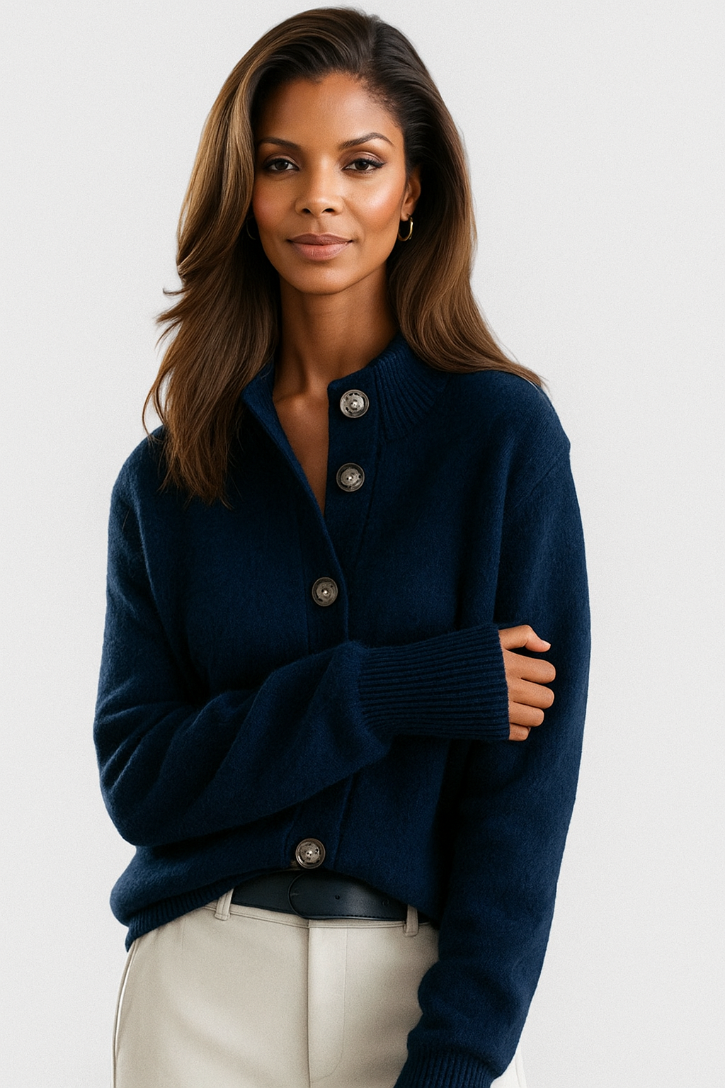 Women's knit cardigan with collar, button front, long sleeves and ribbed trim