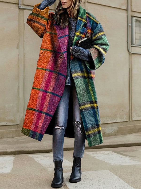 Women's multicolor plaid longline coat with notched lapel and button front