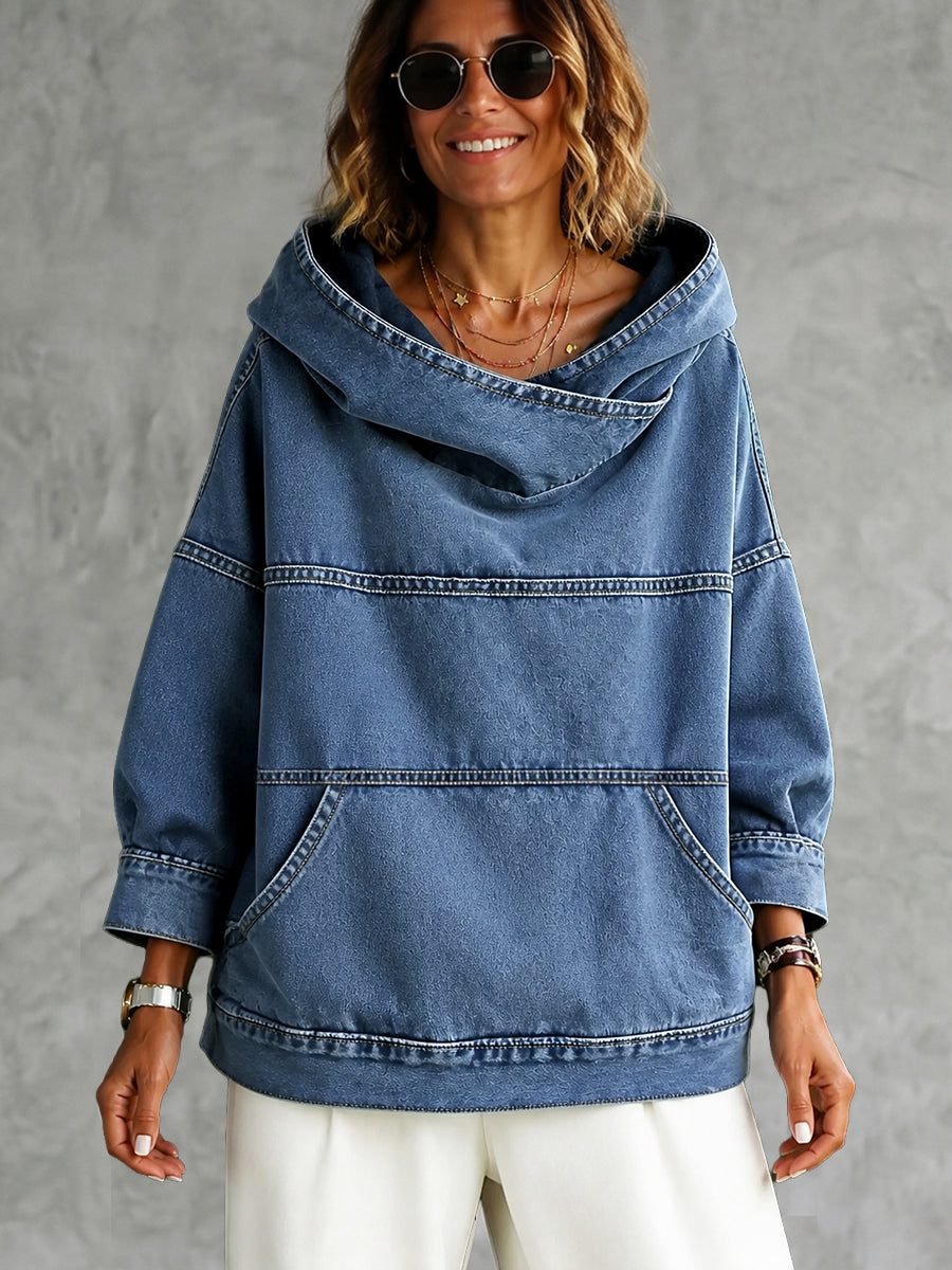 Women's blue hooded pullover with panelled seams and kangaroo pocket