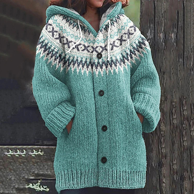 Women's hooded geometric knit cardigan with long sleeves and button front