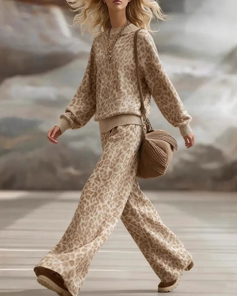 Women's Leopard Print Knit Sweater and Wide-Leg Trouser Set