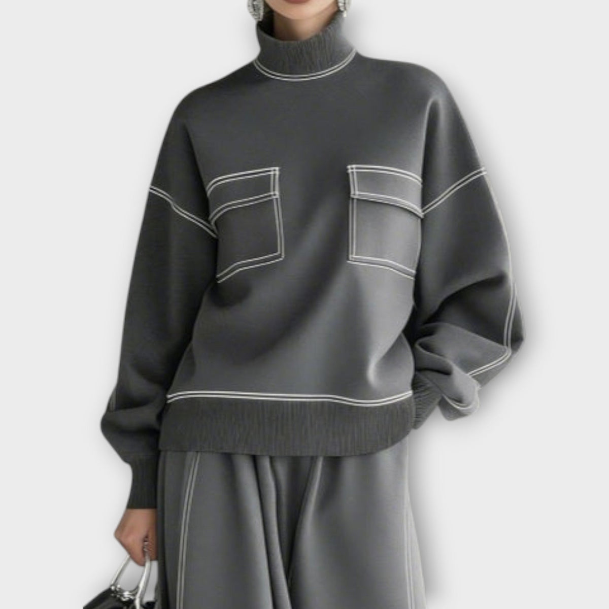 Women's Contrast Stitch Knit Jumper and Midi Skirt Set
