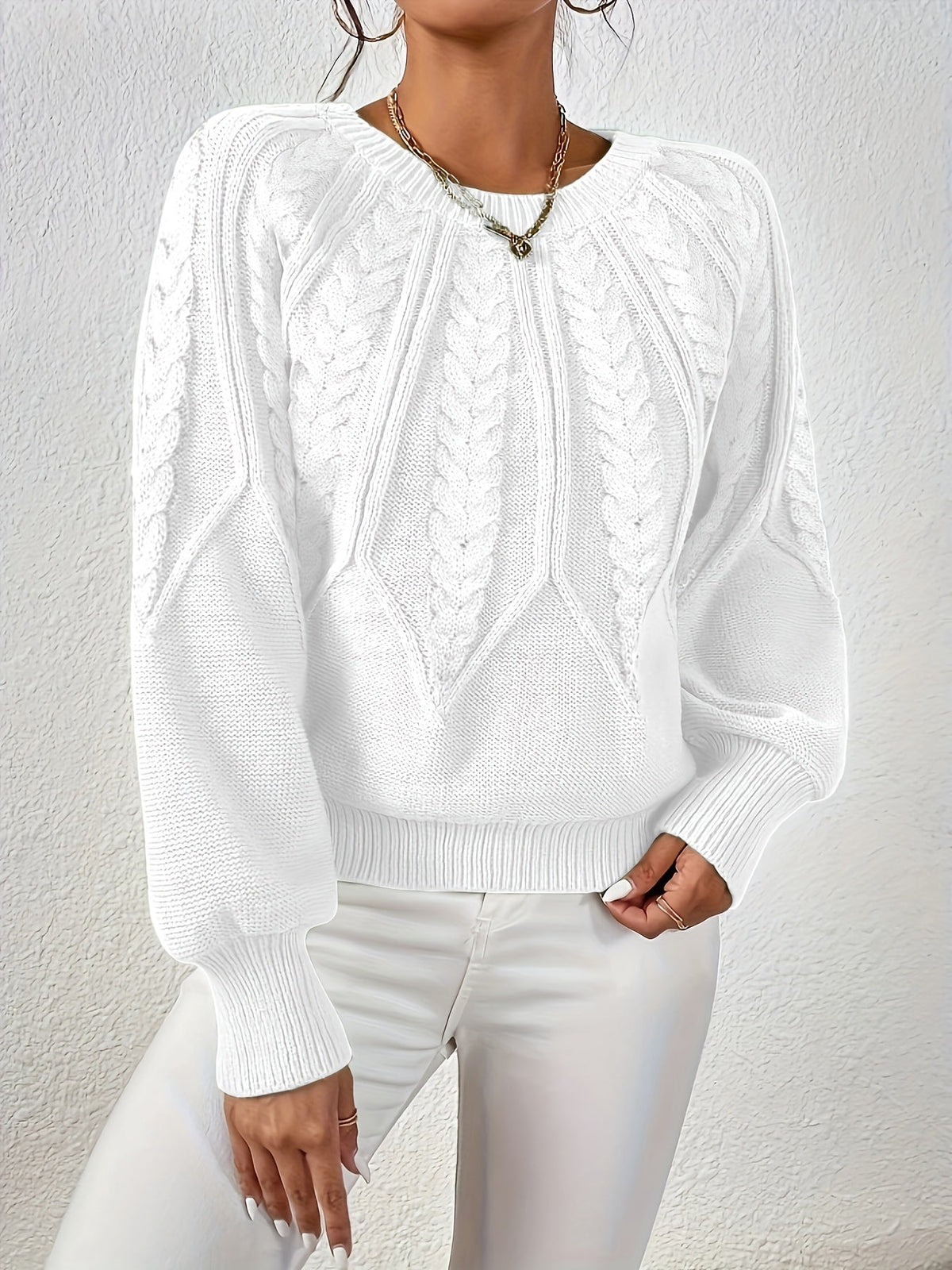 Women's Cable Knit Balloon Sleeve Cropped Jumper