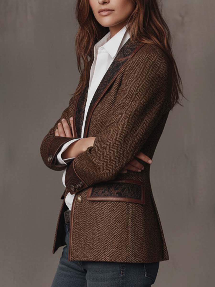 Women's Herringbone Blazer with Paisley Jacquard Lapels