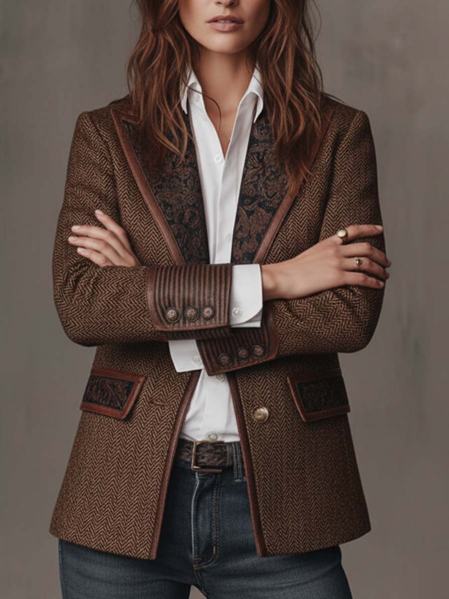 Women's Herringbone Blazer with Paisley Jacquard Lapels
