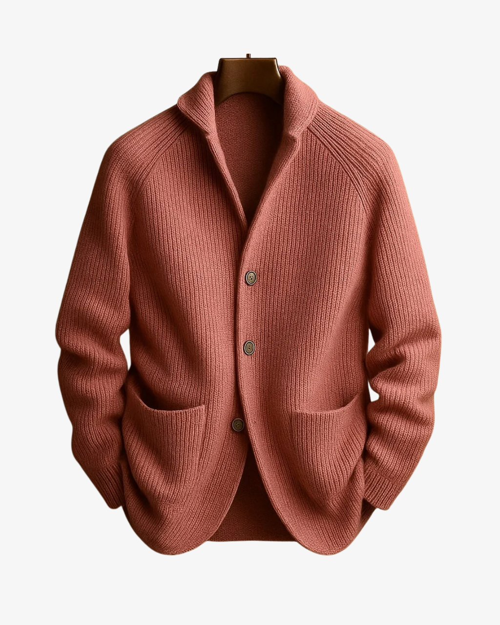 Men's ribbed knit cardigan with shawl collar, button front and patch pockets