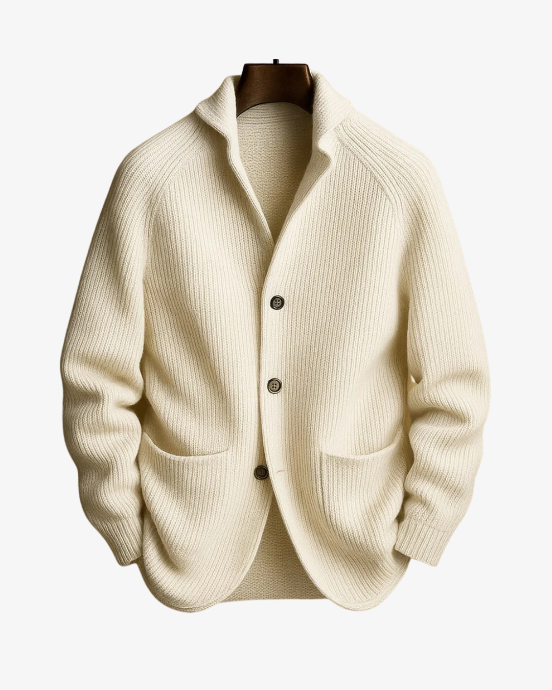 Men's ribbed knit cardigan with shawl collar, button front and patch pockets