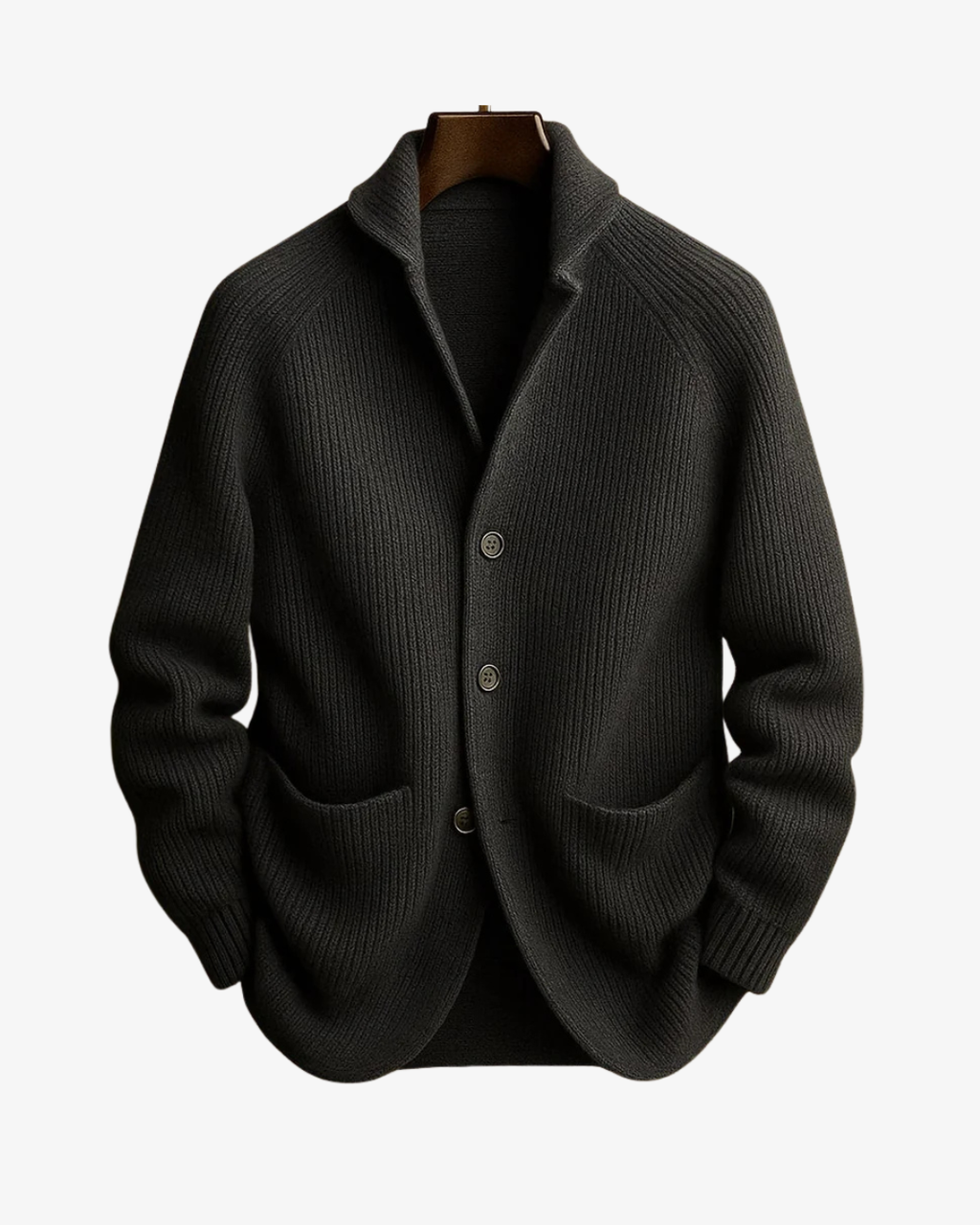 Men's ribbed knit cardigan with shawl collar, button front and patch pockets