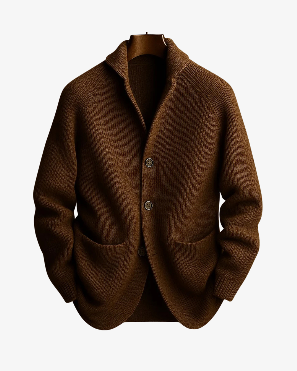 Men's ribbed knit cardigan with shawl collar, button front and patch pockets
