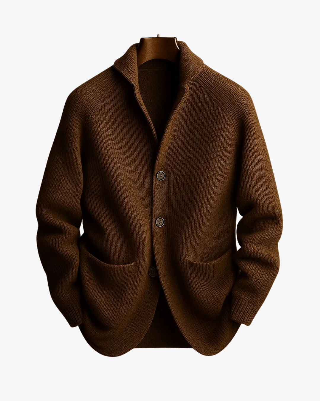Men's ribbed knit cardigan with shawl collar, button front and patch pockets