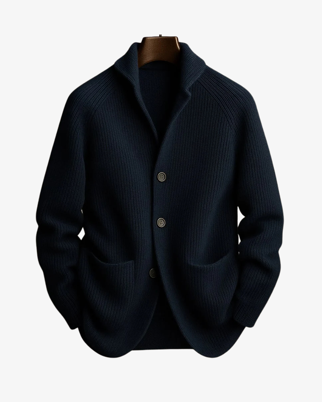 Men's ribbed knit cardigan with shawl collar, button front and patch pockets