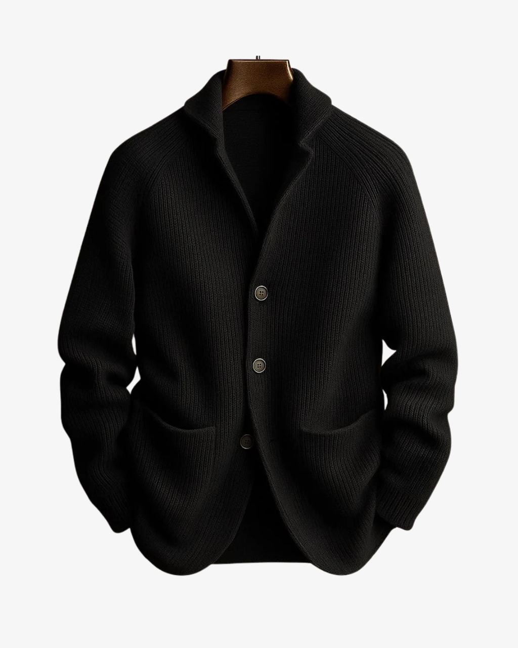 Men's ribbed knit cardigan with shawl collar, button front and patch pockets