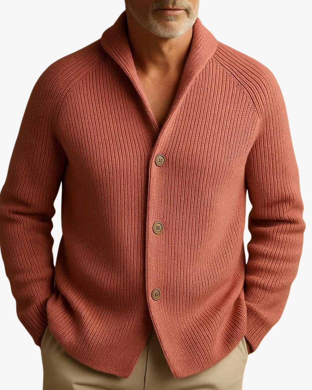 Men's ribbed knit cardigan with shawl collar, button front and patch pockets