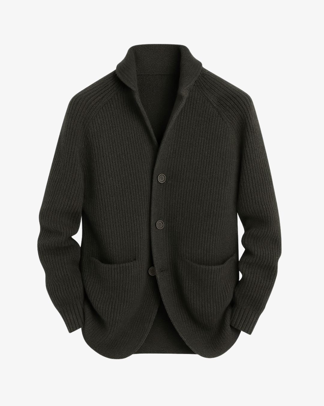 Men's ribbed knit cardigan with shawl collar, button front and patch pockets