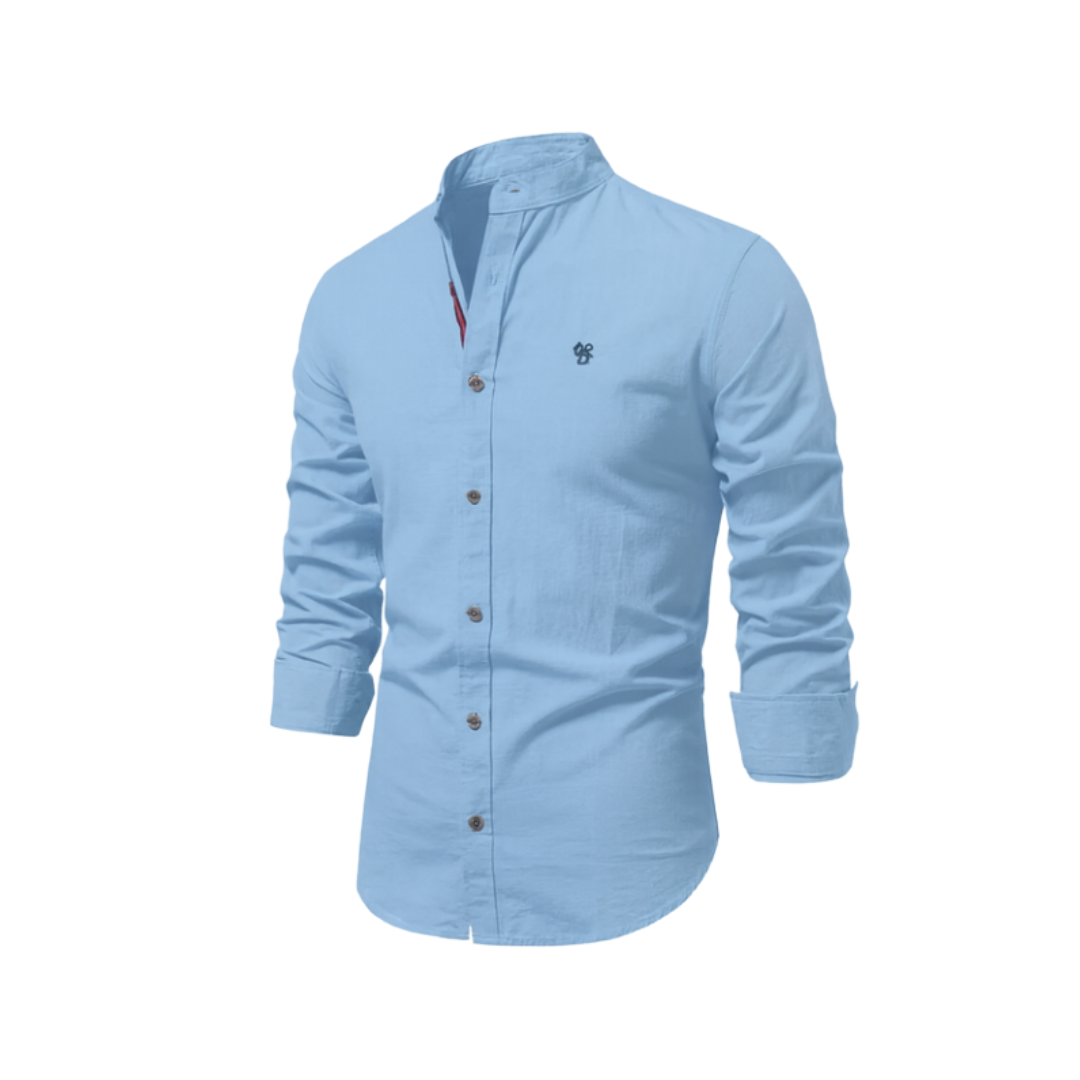 Men's long-sleeve mandarin collar shirt with button front and chest emblem