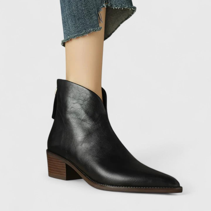 Women's pointed toe V-cut ankle boots with low block heels
