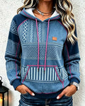 Women's Printed Contrast Drawstring Pullover Hoodie