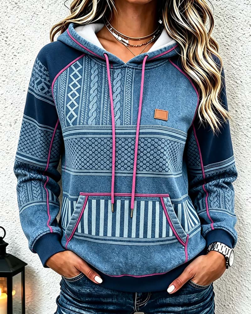 Women's Printed Contrast Drawstring Pullover Hoodie