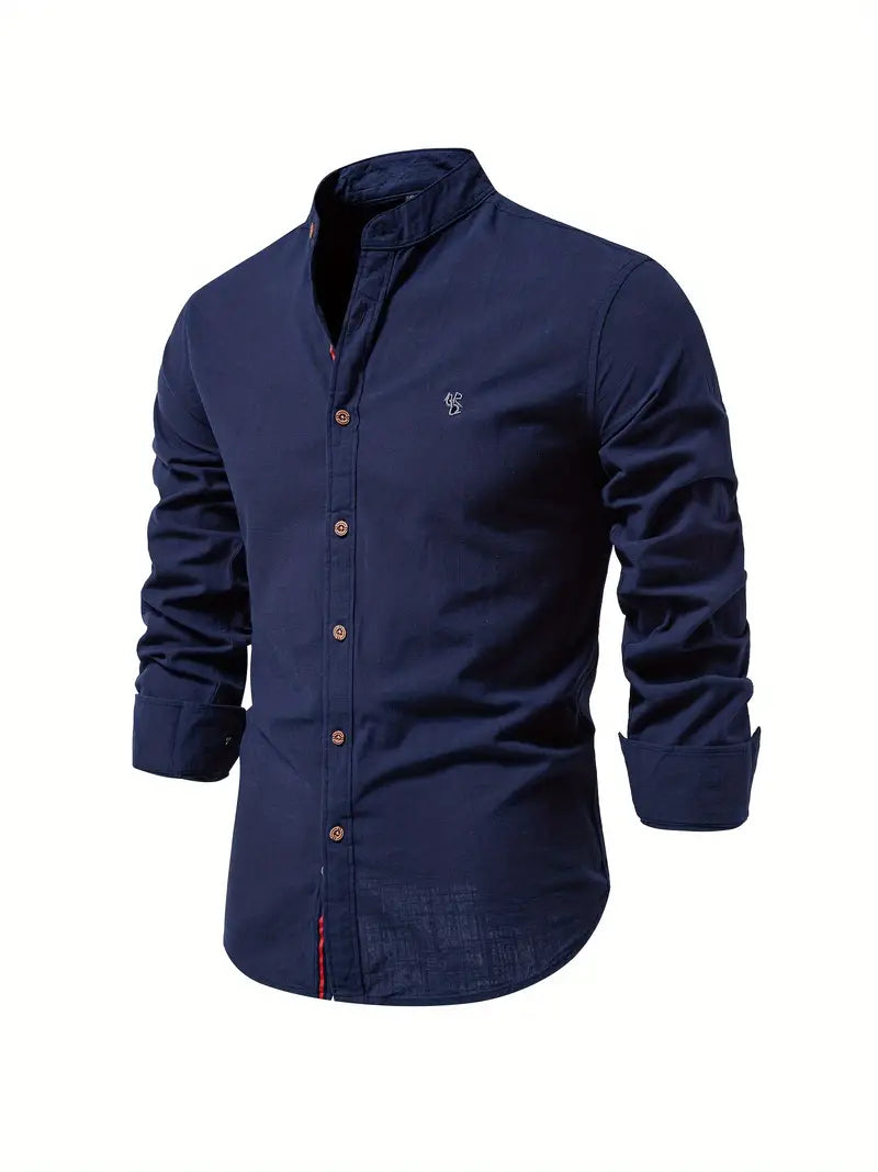 Men's long-sleeve mandarin collar shirt with button front and chest emblem