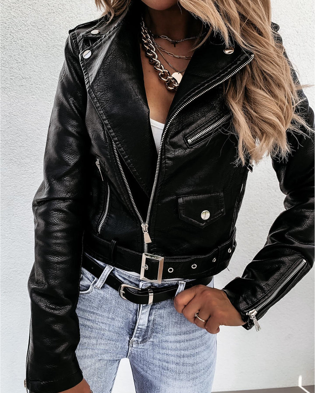 Women's Cropped Asymmetric Zip Biker Jacket