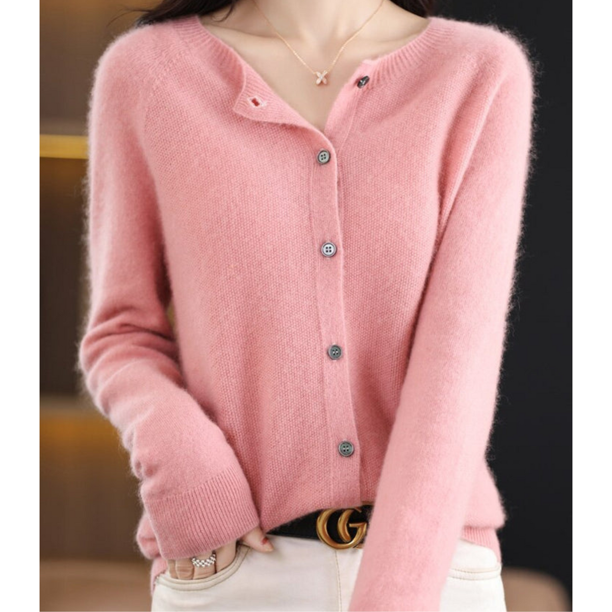 Women's long-sleeve round-neck button-front cardigan with ribbed trim