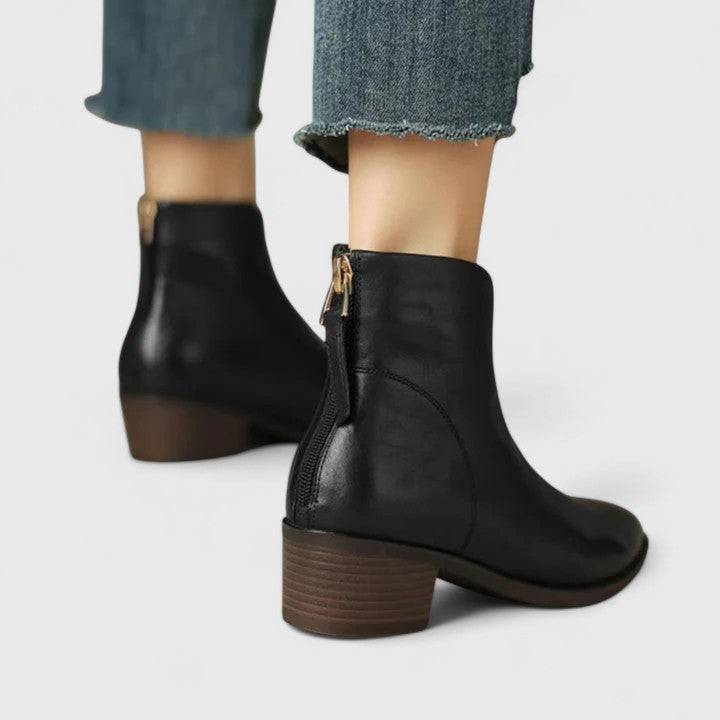 Women's pointed toe V-cut ankle boots with low block heels