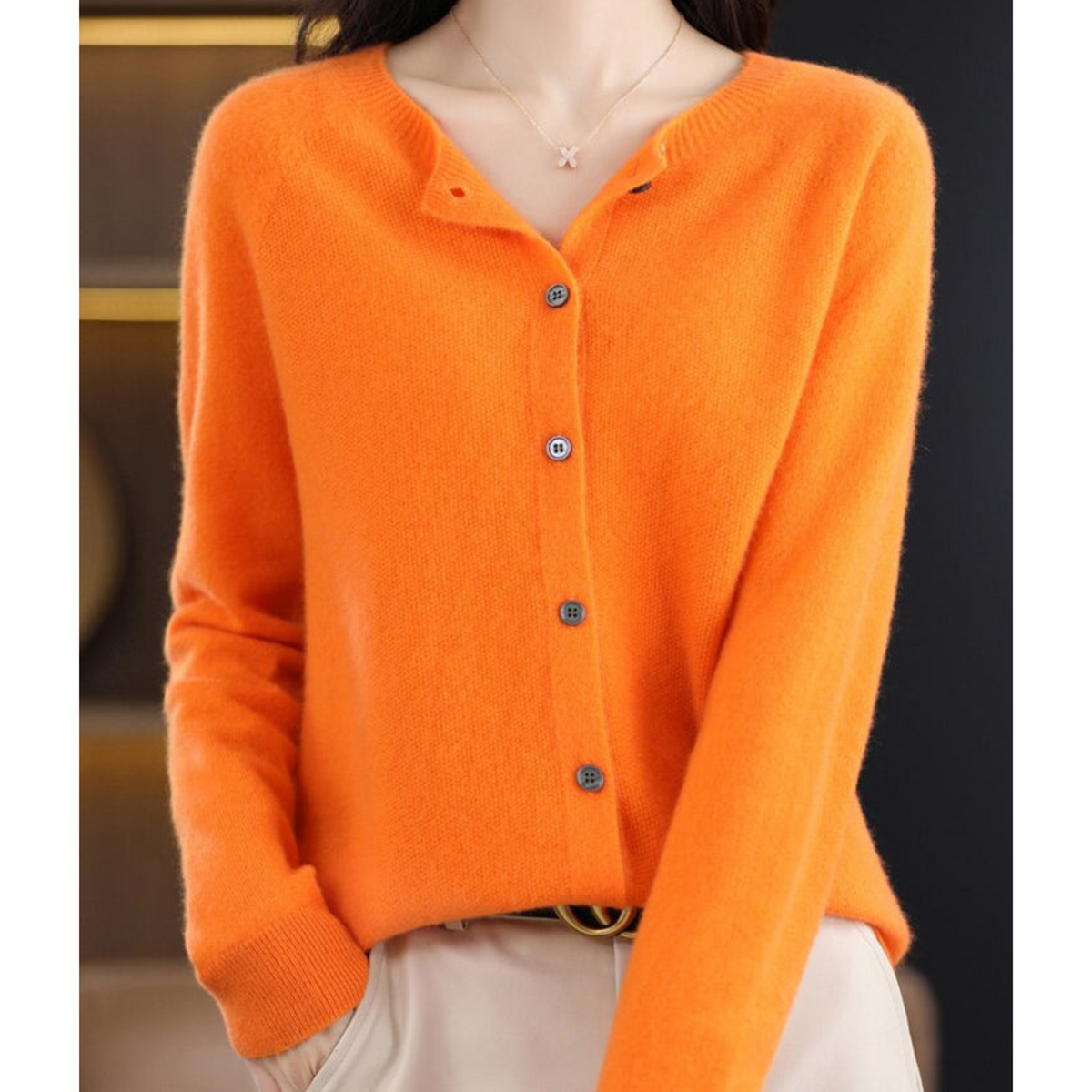 Women's long-sleeve round-neck button-front cardigan with ribbed trim