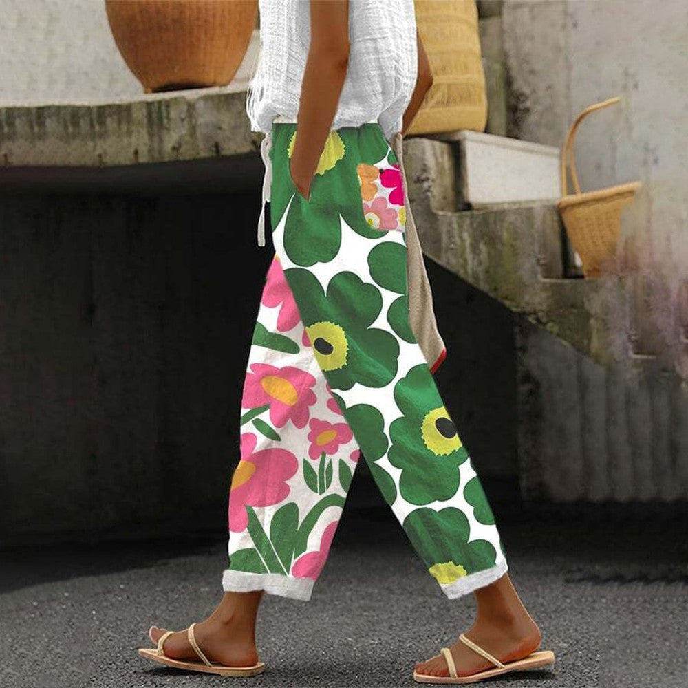 Bold Floral Print Cropped Straight Leg Trousers