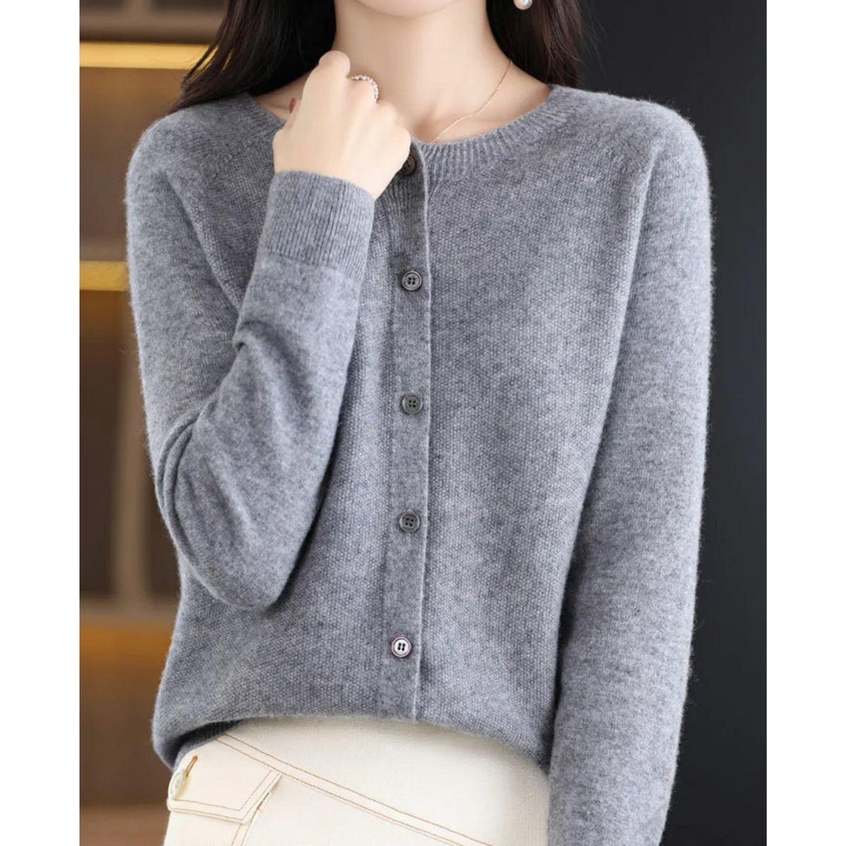 Women's long-sleeve round-neck button-front cardigan with ribbed trim