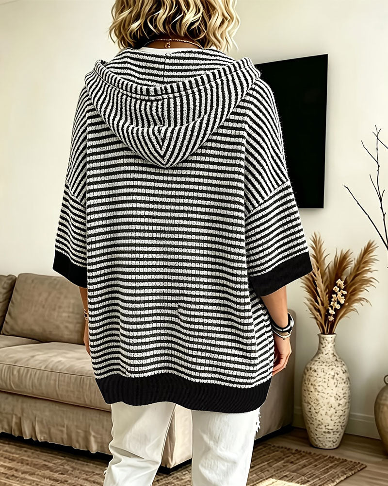 Women's Striped Hooded Poncho Style Knit Sweater