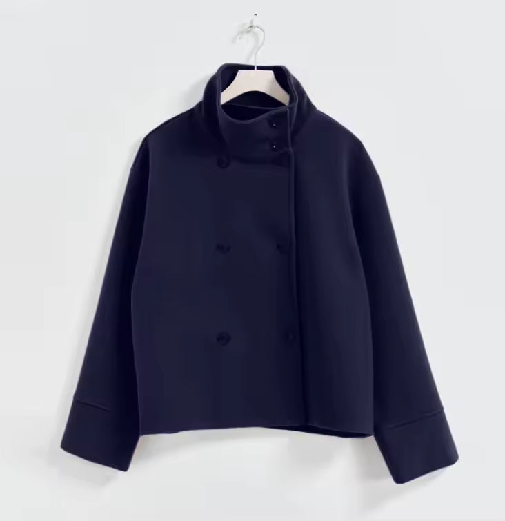 Women's oversized short coat with high neckline, long sleeves and button front