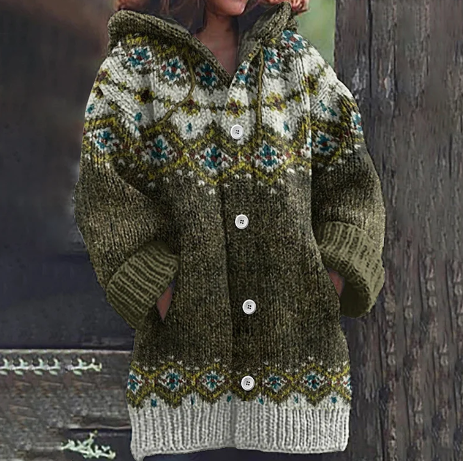 Women's hooded geometric knit cardigan with long sleeves and button front