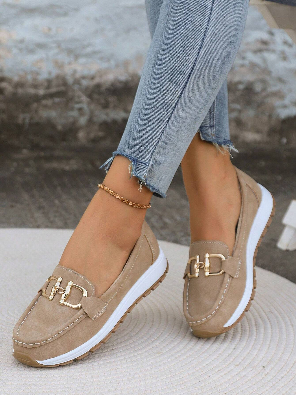 Women's chain detail moc toe loafers with white midsole and lugged outsole