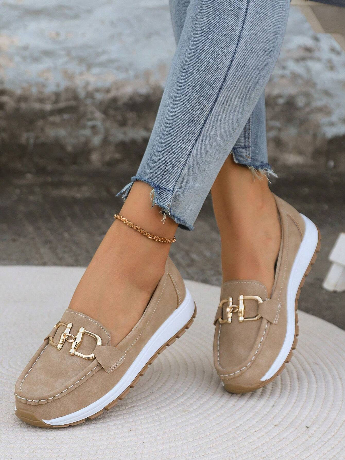 Women's chain detail moc toe loafers with white midsole and lugged outsole