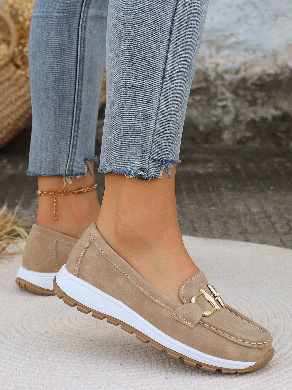 Women's chain detail moc toe loafers with white midsole and lugged outsole