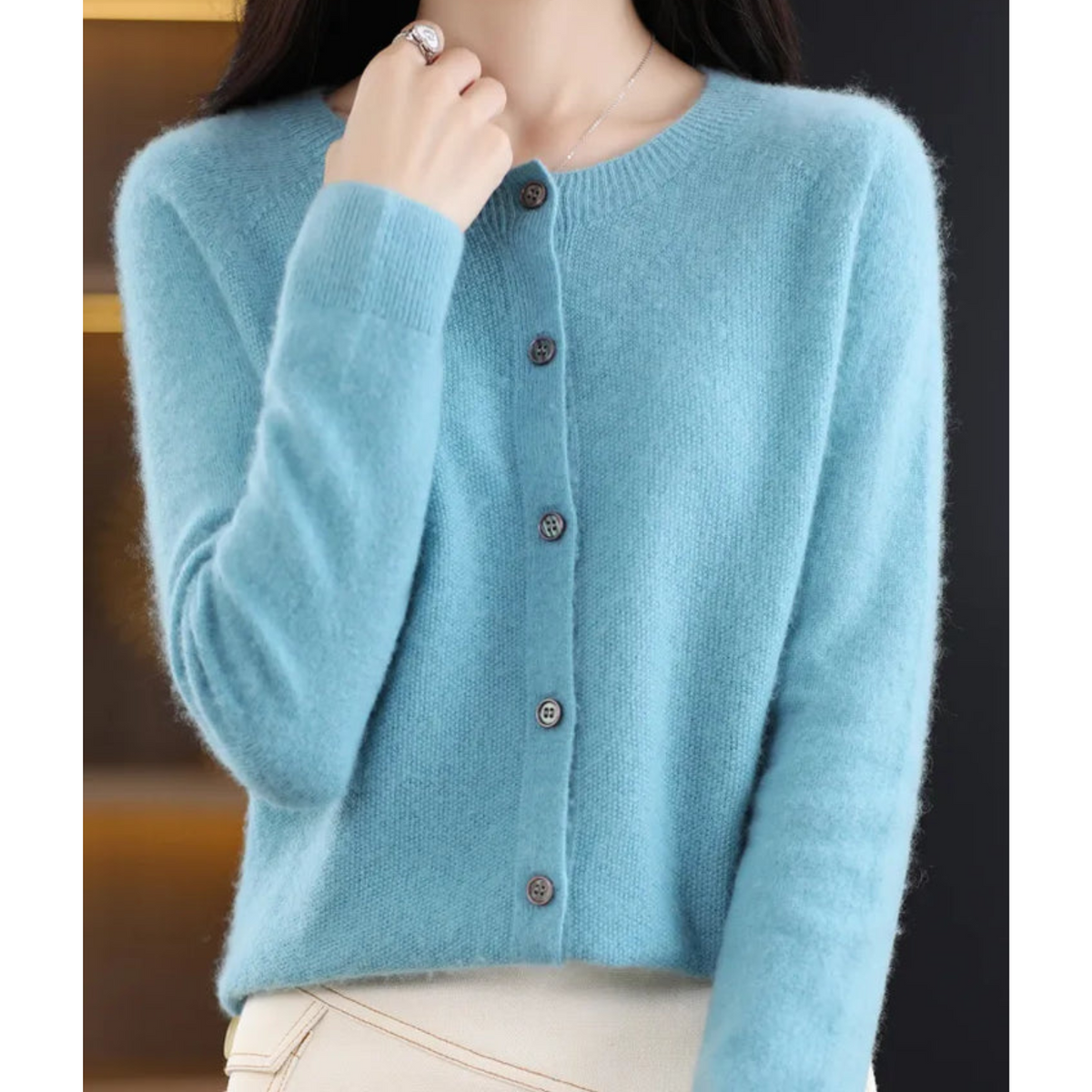 Women's long-sleeve round-neck button-front cardigan with ribbed trim