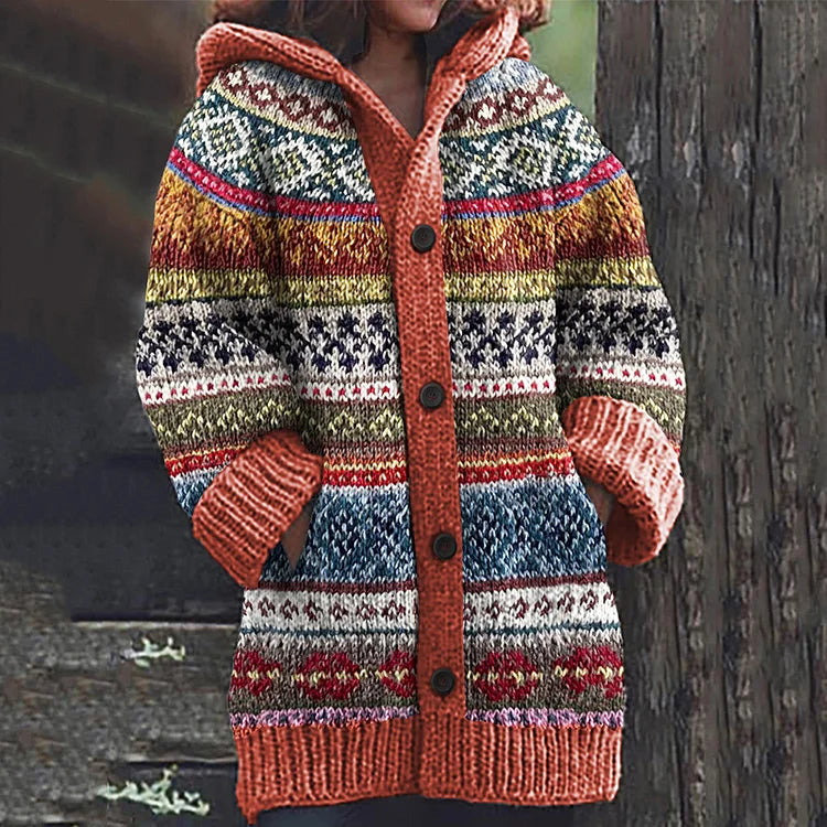Women's hooded geometric knit cardigan with long sleeves and button front