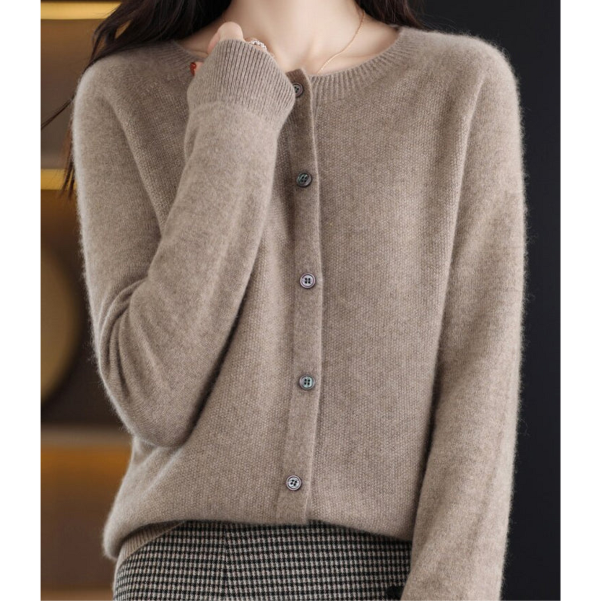Women's long-sleeve round-neck button-front cardigan with ribbed trim
